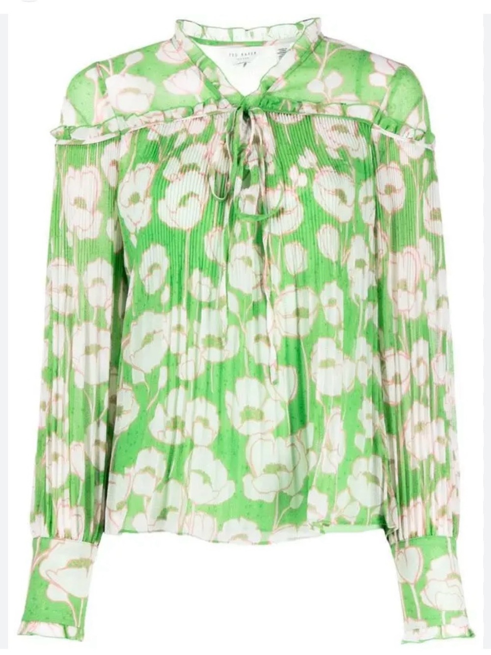 Ted Baker Green Floral Tie-Neck Pleated Blouse w. Tank